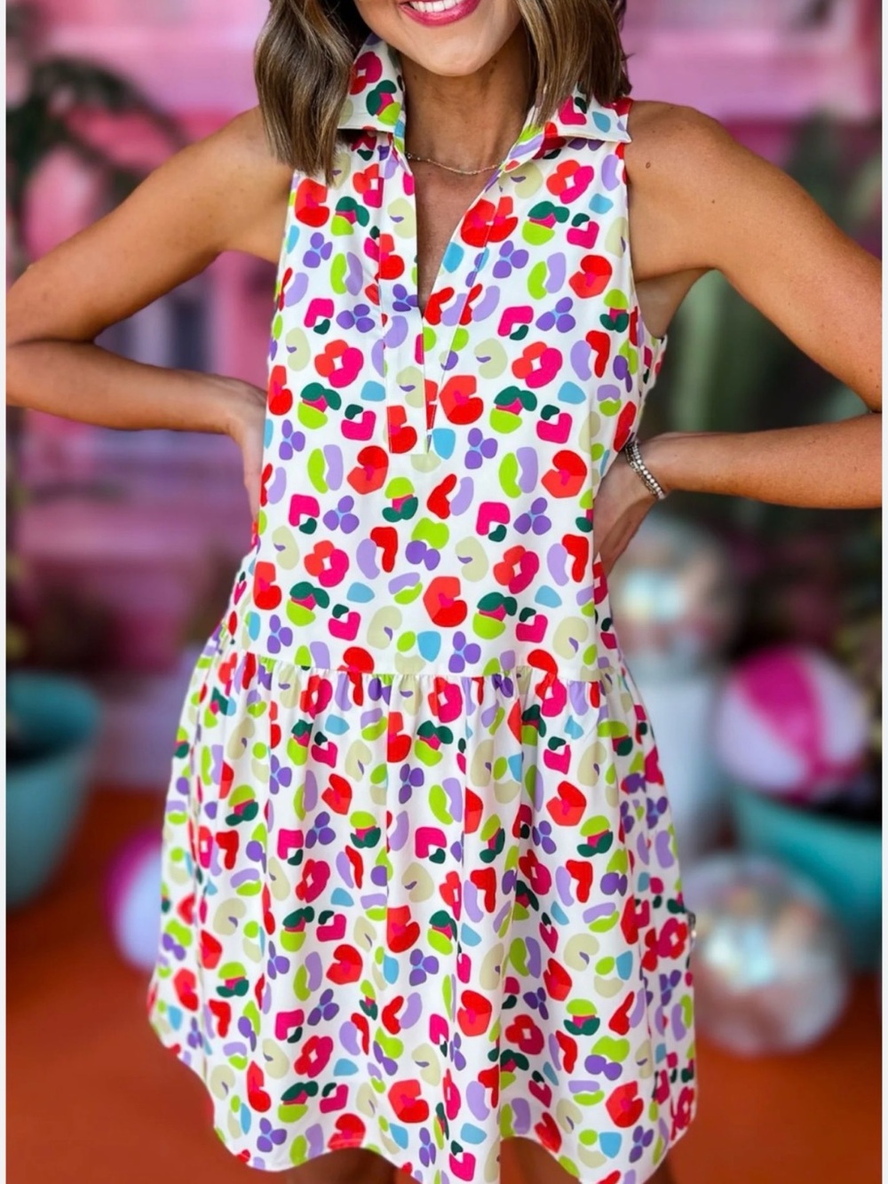 Girls' Sleeveless Floral Print Drop-Waist Dress - White Multi size L